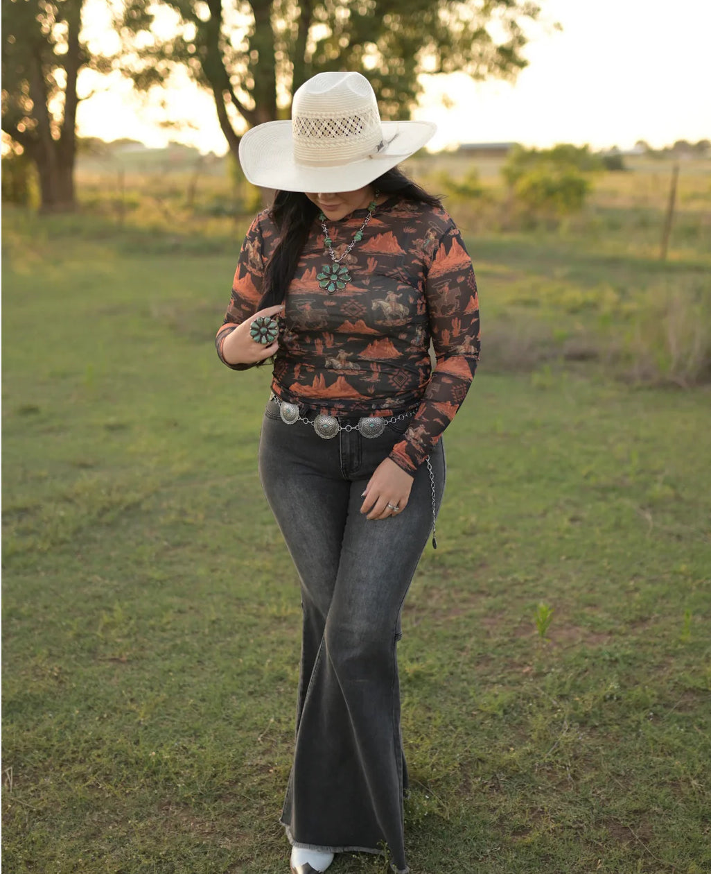 Black Rusty Desert Cowboy Mesh Top-MESH TOP-Stuffology Boutique -Stuffology - Where Vintage Meets Modern, A Boutique for Real Women in Crosbyton, TX