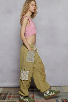 Olive Vintage Wash Crochet Patch Distressed Jogger Pants-Pants-Pol Clothing-Stuffology - Where Vintage Meets Modern, A Boutique for Real Women in Crosbyton, TX
