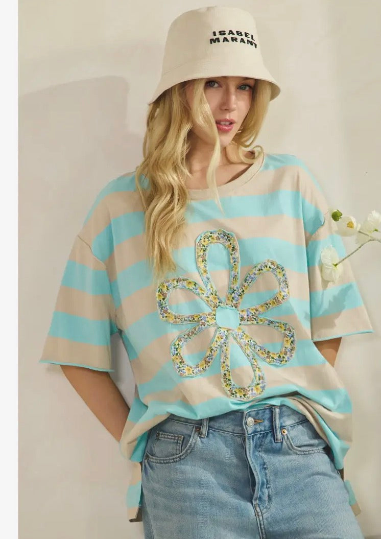 The Stripe Bloom Tee-Oversized Top-Sage + Fig-Stuffology - Where Vintage Meets Modern, A Boutique for Real Women in Crosbyton, TX