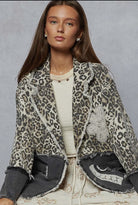 Leopard/Black V-neck long sleeve crochet patch printed twill woven jacket-Jackets-Pol Clothing-Stuffology - Where Vintage Meets Modern, A Boutique for Real Women in Crosbyton, TX