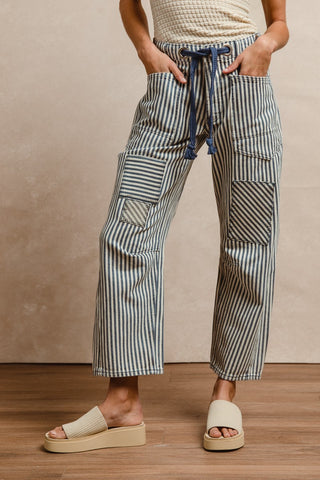 Navy Striped Barrel Pants-Pants-BiBi-Stuffology - Where Vintage Meets Modern, A Boutique for Real Women in Crosbyton, TX