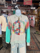 Patchwork Peace Sign Plaid Sleeve Sweatshirt-Sage + Fig-Stuffology - Where Vintage Meets Modern, A Boutique for Real Women in Crosbyton, TX