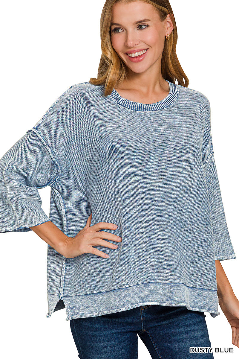 Washed 3/4 Sleeve Boxy Sweater-Zenana-Stuffology - Where Vintage Meets Modern, A Boutique for Real Women in Crosbyton, TX