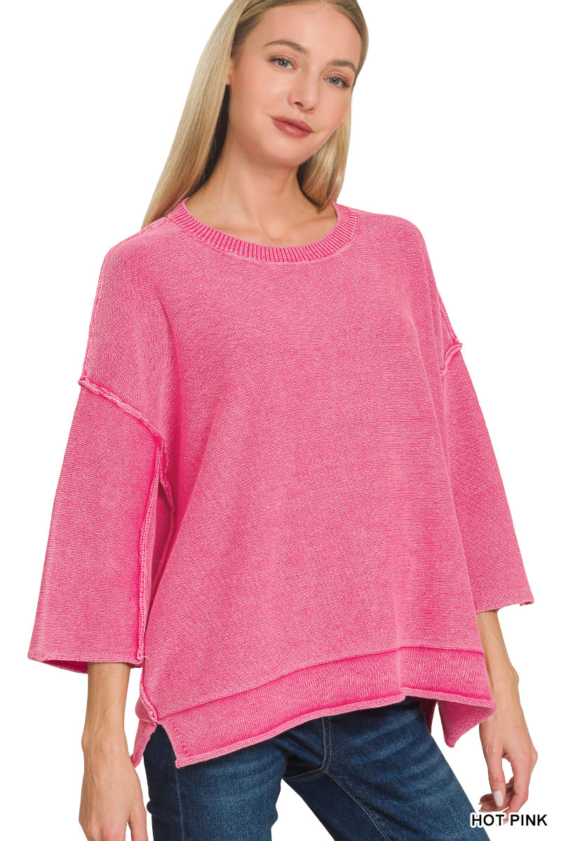 Washed 3/4 Sleeve Boxy Sweater-Zenana-Stuffology - Where Vintage Meets Modern, A Boutique for Real Women in Crosbyton, TX