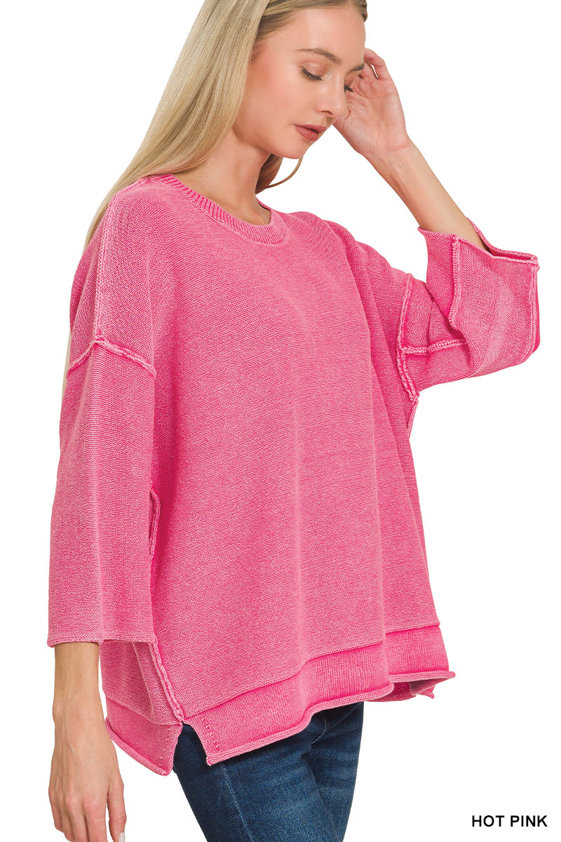 Washed 3/4 Sleeve Boxy Sweater-Zenana-Stuffology - Where Vintage Meets Modern, A Boutique for Real Women in Crosbyton, TX