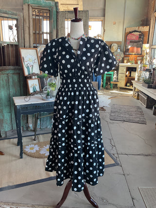 Polka Dot Puff Sleeve Midi Dress (With Pockets!)-Dresses-She + Sky-Stuffology - Where Vintage Meets Modern, A Boutique for Real Women in Crosbyton, TX