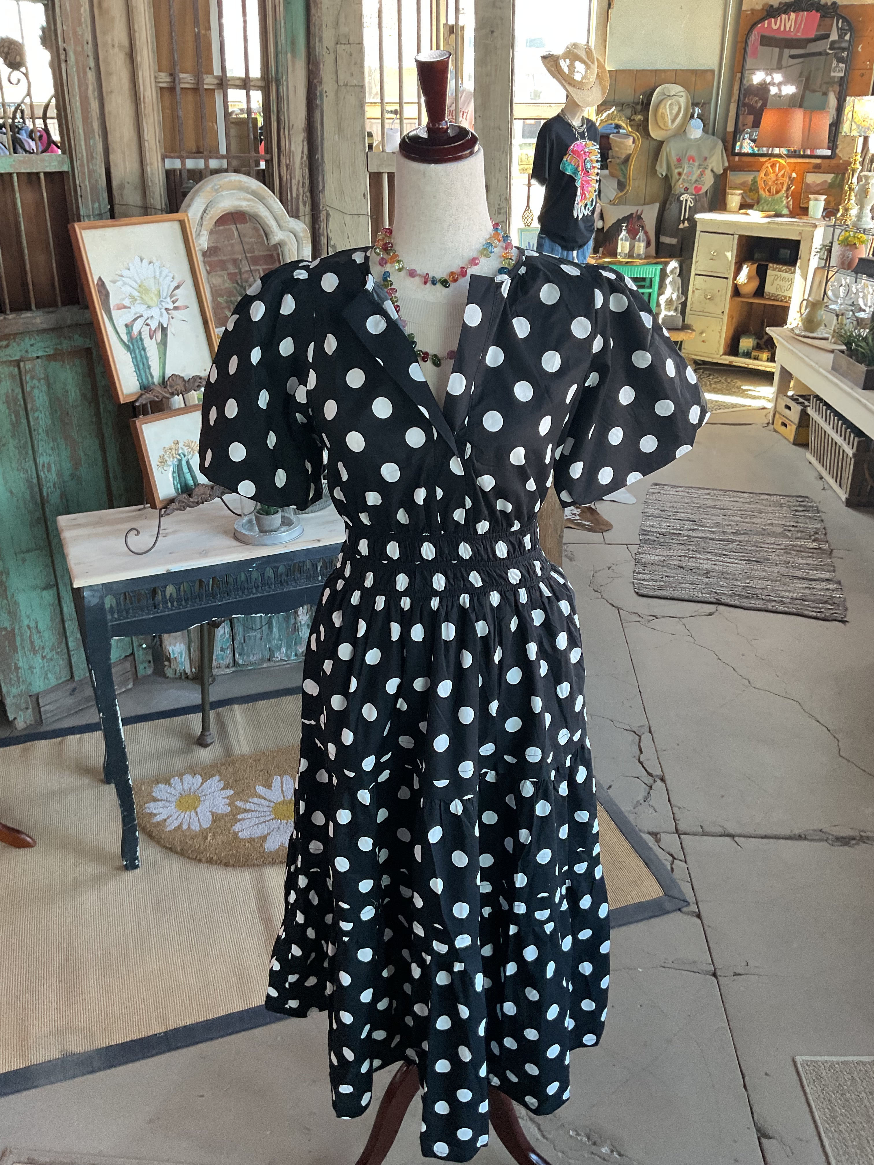 Polka Dot Puff Sleeve Midi Dress (With Pockets!)-Dresses-She + Sky-Stuffology - Where Vintage Meets Modern, A Boutique for Real Women in Crosbyton, TX