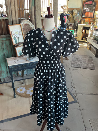 Polka Dot Puff Sleeve Midi Dress (With Pockets!)-Dresses-She + Sky-Stuffology - Where Vintage Meets Modern, A Boutique for Real Women in Crosbyton, TX