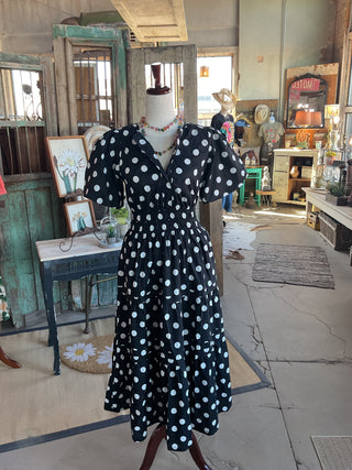 Polka Dot Puff Sleeve Midi Dress (With Pockets!)-Dresses-She + Sky-Stuffology - Where Vintage Meets Modern, A Boutique for Real Women in Crosbyton, TX