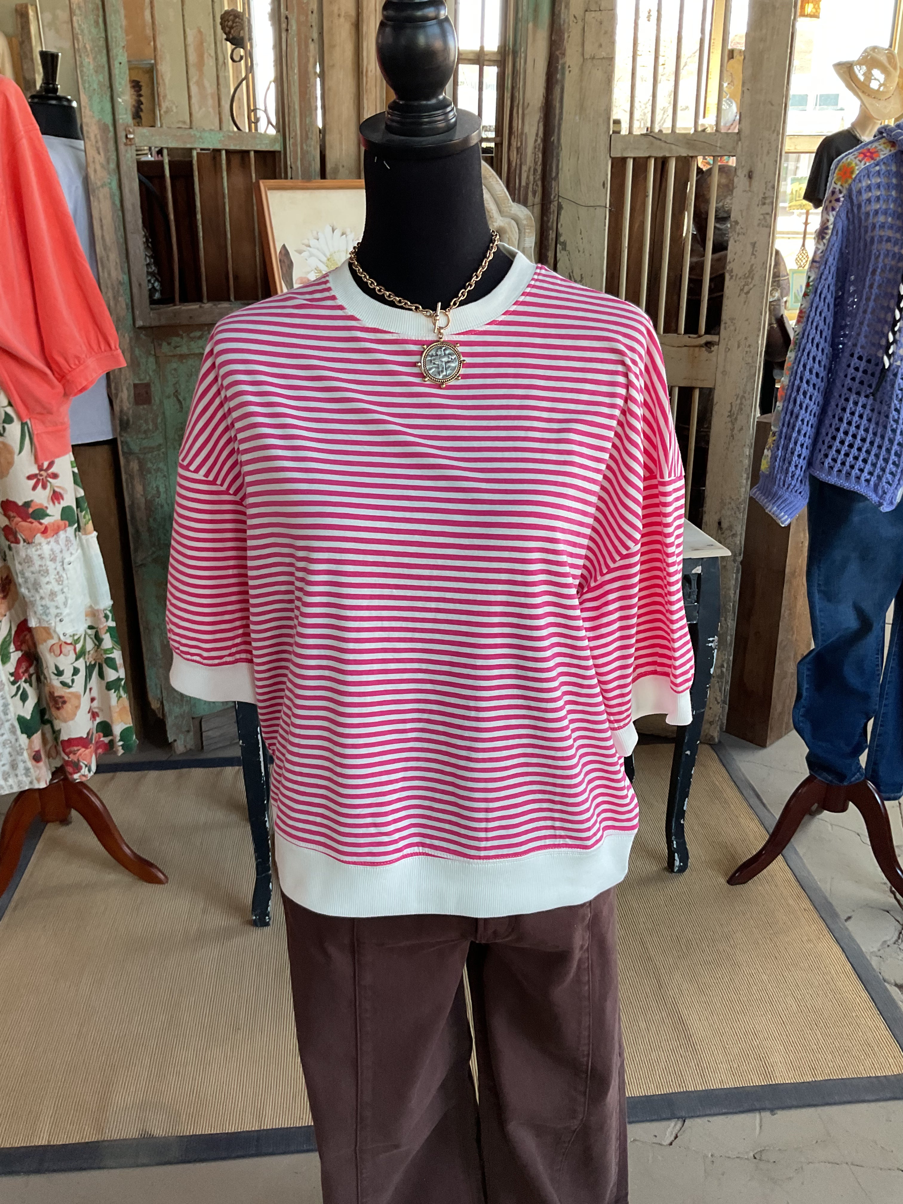 STRIPED CONTRAST TRIM BANDED BOTTOM TOP-Zenana-Stuffology - Where Vintage Meets Modern, A Boutique for Real Women in Crosbyton, TX