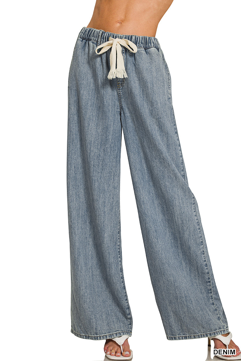 Wide Leg Drawstring Elastic Waistband Denim Pants-Pants-Zenana-Stuffology - Where Vintage Meets Modern, A Boutique for Real Women in Crosbyton, TX