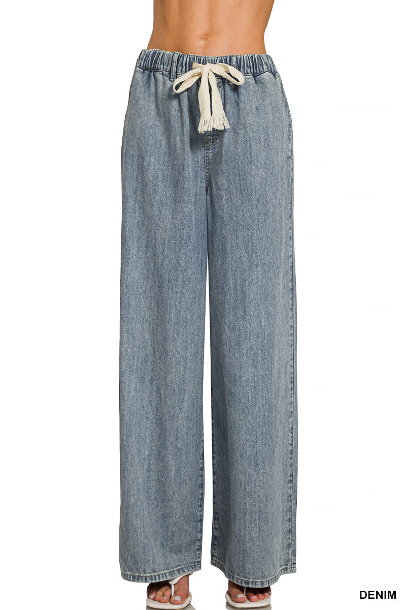 Wide Leg Drawstring Elastic Waistband Denim Pants-Pants-Zenana-Stuffology - Where Vintage Meets Modern, A Boutique for Real Women in Crosbyton, TX