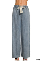 Wide Leg Drawstring Elastic Waistband Denim Pants-Pants-Zenana-Stuffology - Where Vintage Meets Modern, A Boutique for Real Women in Crosbyton, TX