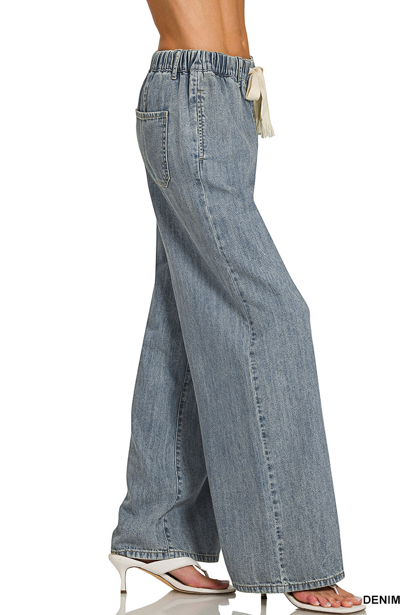 Wide Leg Drawstring Elastic Waistband Denim Pants-Pants-Zenana-Stuffology - Where Vintage Meets Modern, A Boutique for Real Women in Crosbyton, TX