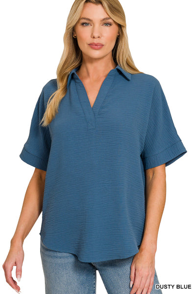 Collared V-Neck Short Sleeve Top-Zenana-Stuffology - Where Vintage Meets Modern, A Boutique for Real Women in Crosbyton, TX