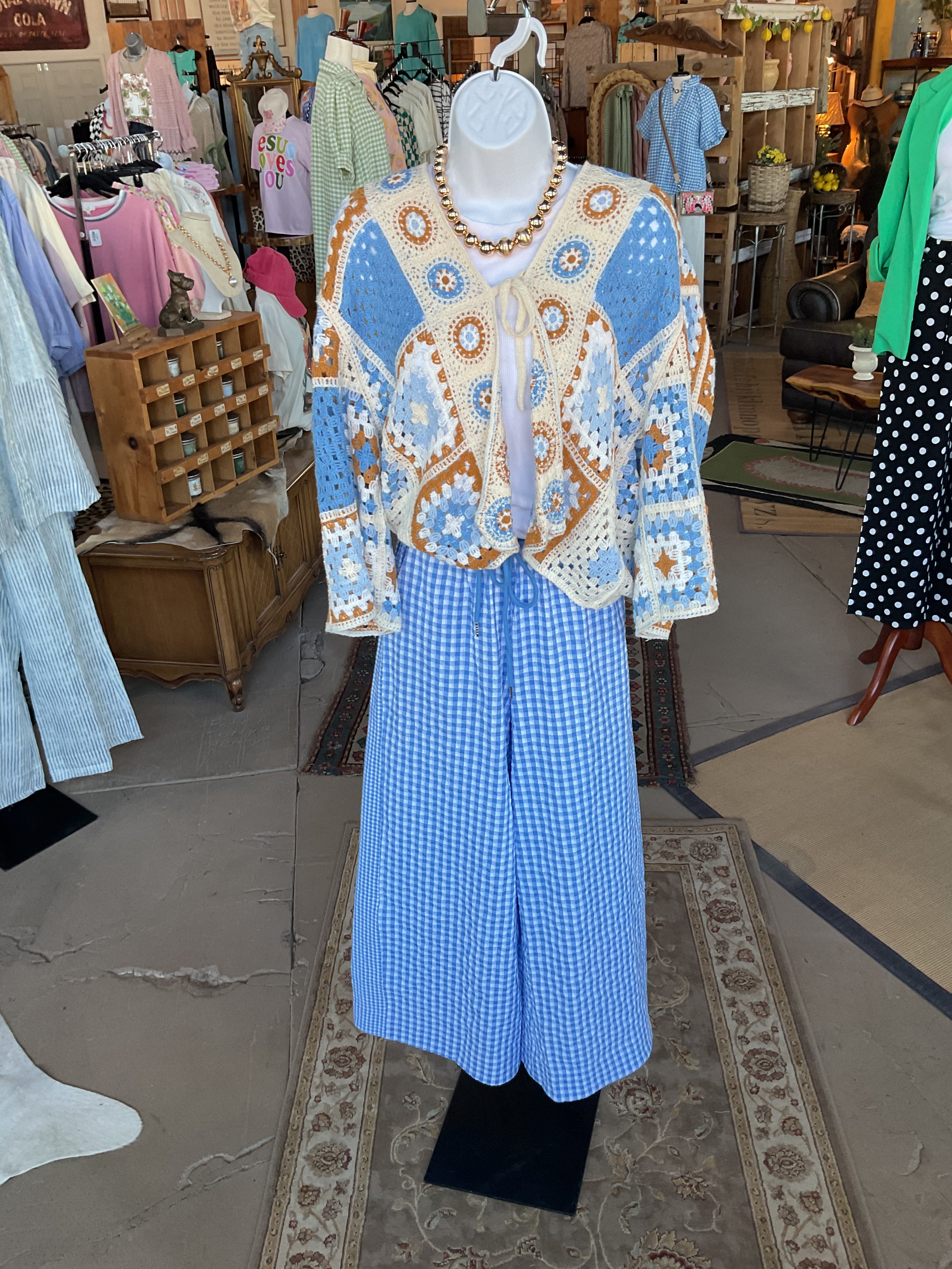 Blue Gingham Wide-Leg Drawstring Pants-Pants-Easel-Stuffology - Where Vintage Meets Modern, A Boutique for Real Women in Crosbyton, TX