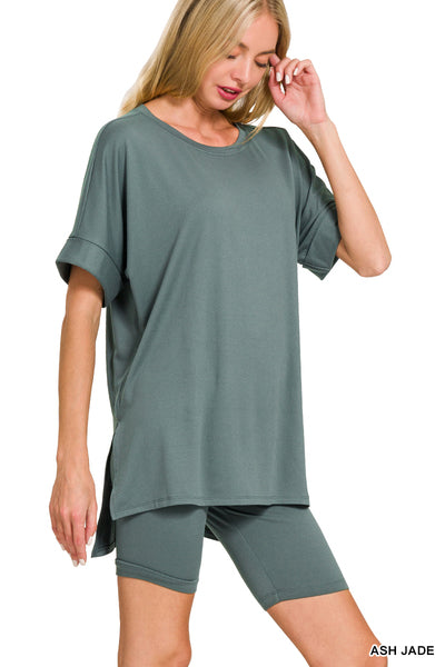 Brushed Microfiber R Neck Top with Bike Shorts Set-Matching Sets-Zenana-Stuffology - Where Vintage Meets Modern, A Boutique for Real Women in Crosbyton, TX