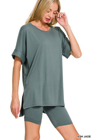 Brushed Microfiber R Neck Top with Bike Shorts Set-Matching Sets-Zenana-Stuffology - Where Vintage Meets Modern, A Boutique for Real Women in Crosbyton, TX