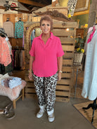 Collared V-Neck Short Sleeve Top-Blouse-Zenana-Stuffology - Where Vintage Meets Modern, A Boutique for Real Women in Crosbyton, TX