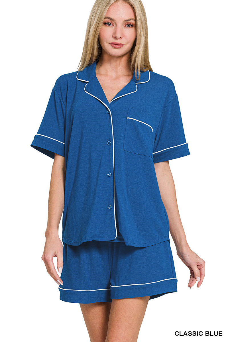 Short Sleeve Button Down Shirt & Short Matching set-Matching Sets-Zenana-Stuffology - Where Vintage Meets Modern, A Boutique for Real Women in Crosbyton, TX