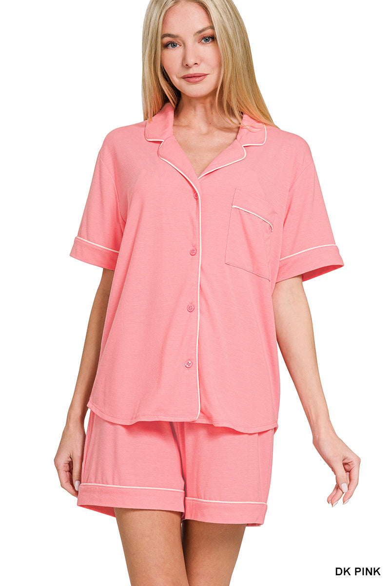 Short Sleeve Button Down Shirt & Short Matching set-Matching Sets-Zenana-Stuffology - Where Vintage Meets Modern, A Boutique for Real Women in Crosbyton, TX