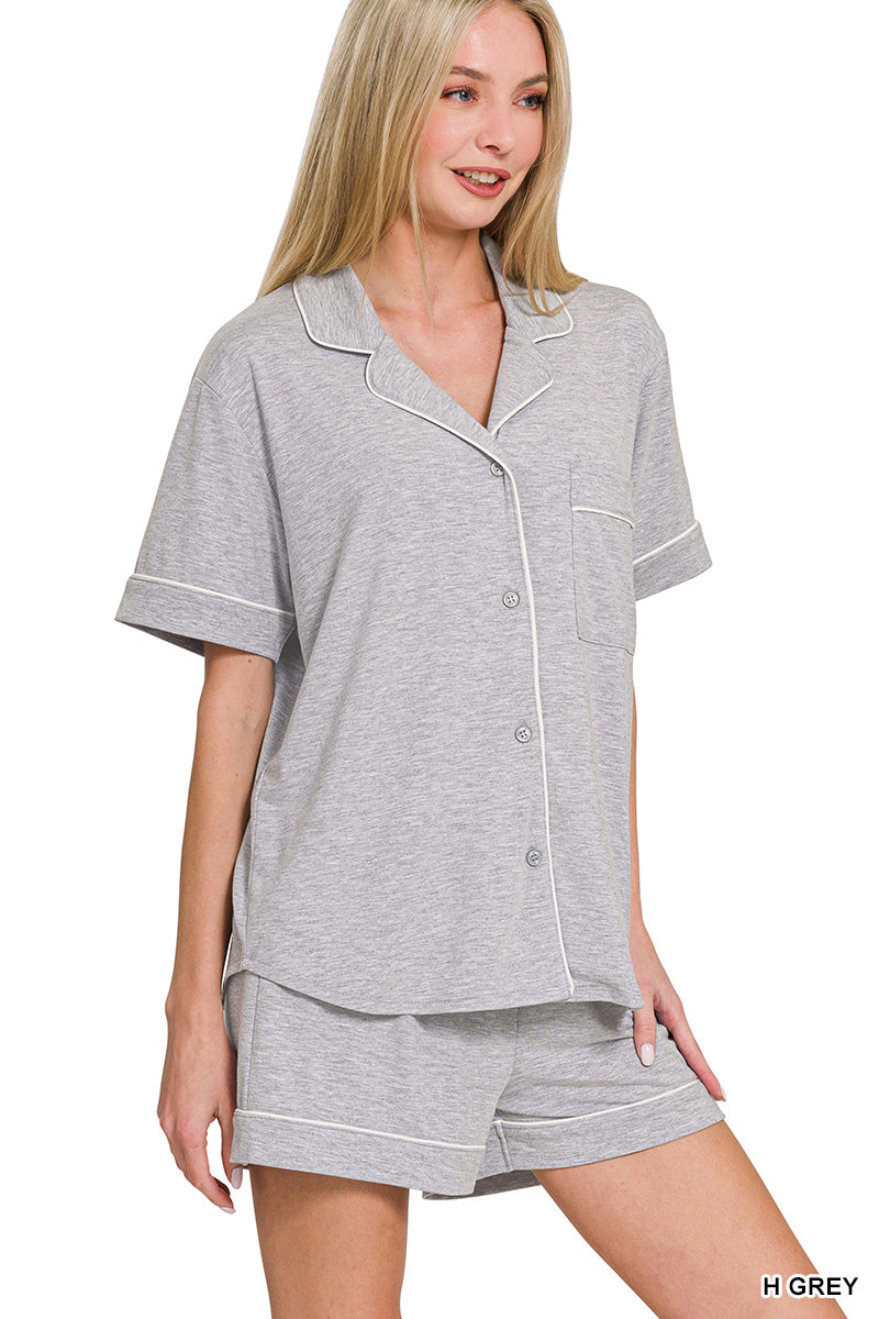 Short Sleeve Button Down Shirt & Short Matching set-Matching Sets-Zenana-Stuffology - Where Vintage Meets Modern, A Boutique for Real Women in Crosbyton, TX