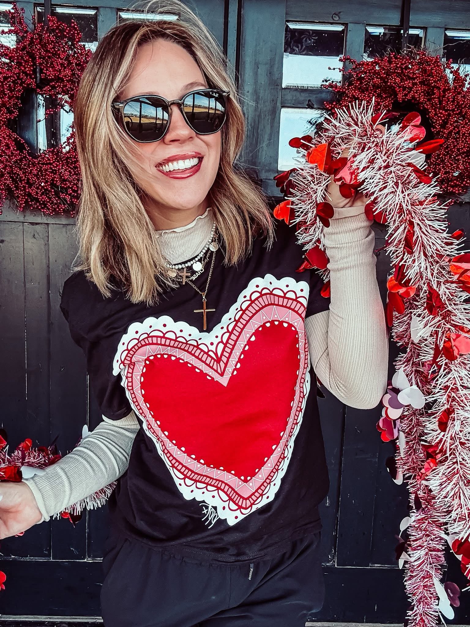 Red Doily Heart Graphic Tee-Graphic Tees-Stuffology Boutique -Stuffology - Where Vintage Meets Modern, A Boutique for Real Women in Crosbyton, TX