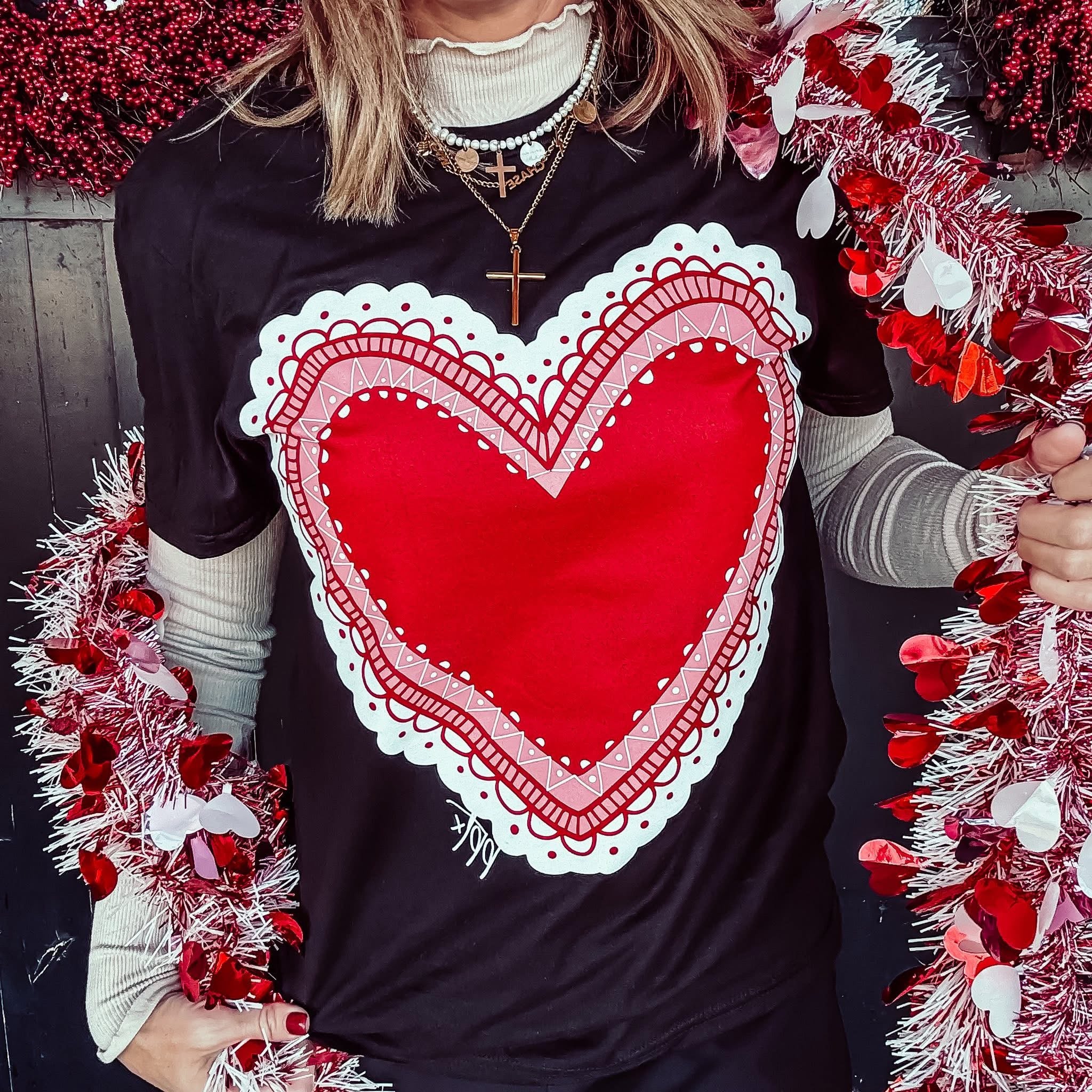 Red Doily Heart Graphic Tee-Graphic Tees-Stuffology Boutique -Stuffology - Where Vintage Meets Modern, A Boutique for Real Women in Crosbyton, TX