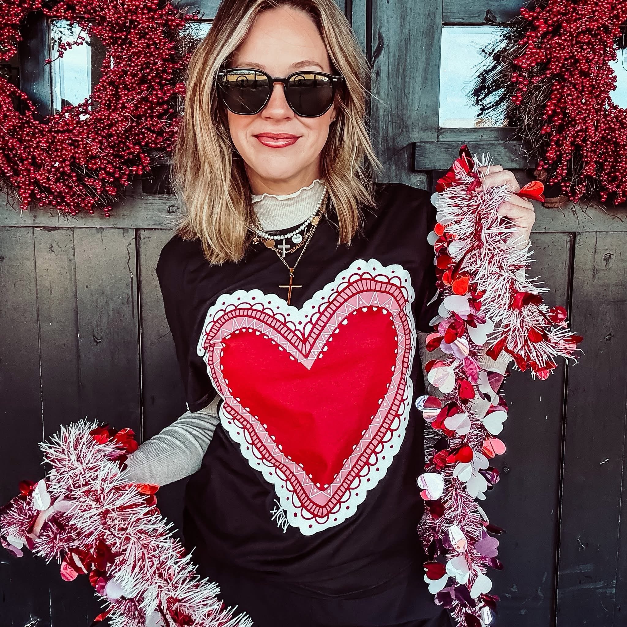 Red Doily Heart Graphic Tee-Graphic Tees-Stuffology Boutique -Stuffology - Where Vintage Meets Modern, A Boutique for Real Women in Crosbyton, TX