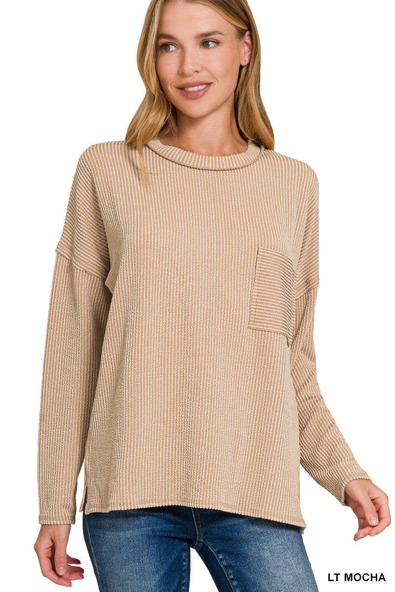 Ribbed Long Sleeve Pocket Top-Tops-Zenana-Stuffology - Where Vintage Meets Modern, A Boutique for Real Women in Crosbyton, TX