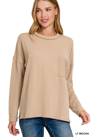 Ribbed Long Sleeve Pocket Top-Tops-Zenana-Stuffology - Where Vintage Meets Modern, A Boutique for Real Women in Crosbyton, TX