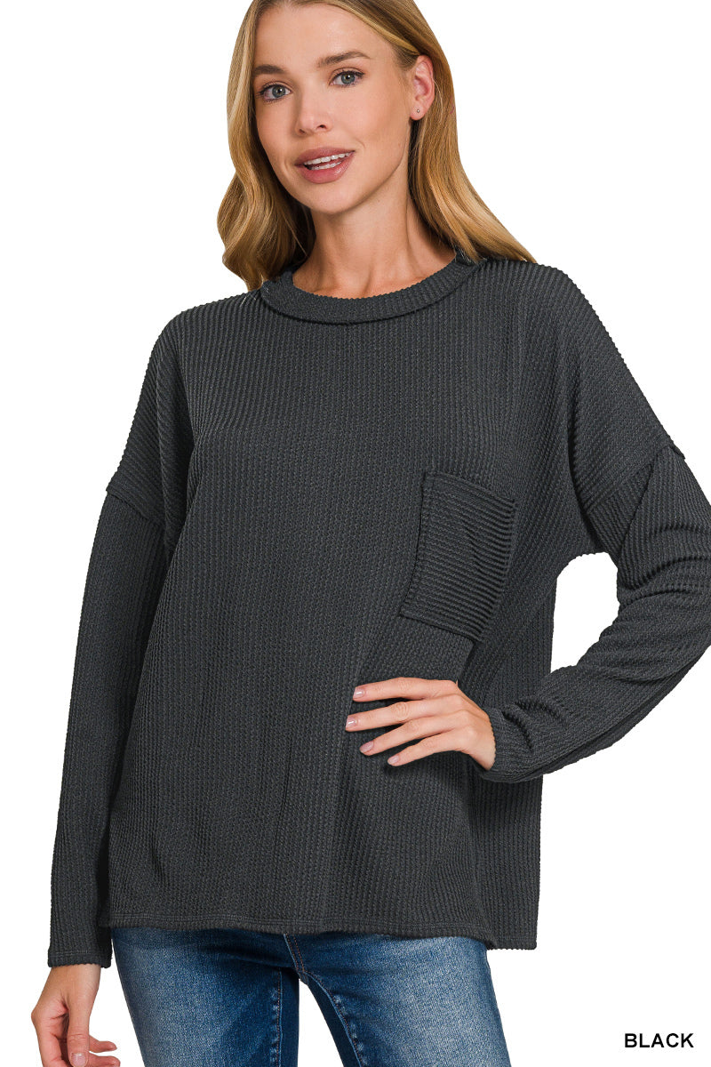 Ribbed Long Sleeve Pocket Top-Tops-Zenana-Stuffology - Where Vintage Meets Modern, A Boutique for Real Women in Crosbyton, TX