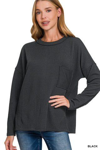 Ribbed Long Sleeve Pocket Top-Tops-Zenana-Stuffology - Where Vintage Meets Modern, A Boutique for Real Women in Crosbyton, TX