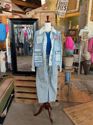 Americana Patchwork Denim Jacket-Denim Jacket-Pol Clothing-Stuffology - Where Vintage Meets Modern, A Boutique for Real Women in Crosbyton, TX