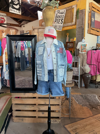 Americana Patchwork Denim Jacket-Denim Jacket-Pol Clothing-Stuffology - Where Vintage Meets Modern, A Boutique for Real Women in Crosbyton, TX