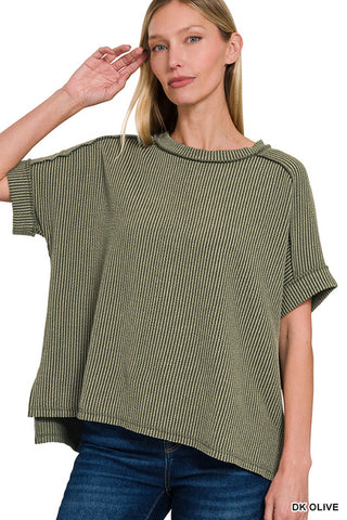 Short Sleeve Ribbed Round Neck Top-Tops-Zenana-Stuffology - Where Vintage Meets Modern, A Boutique for Real Women in Crosbyton, TX