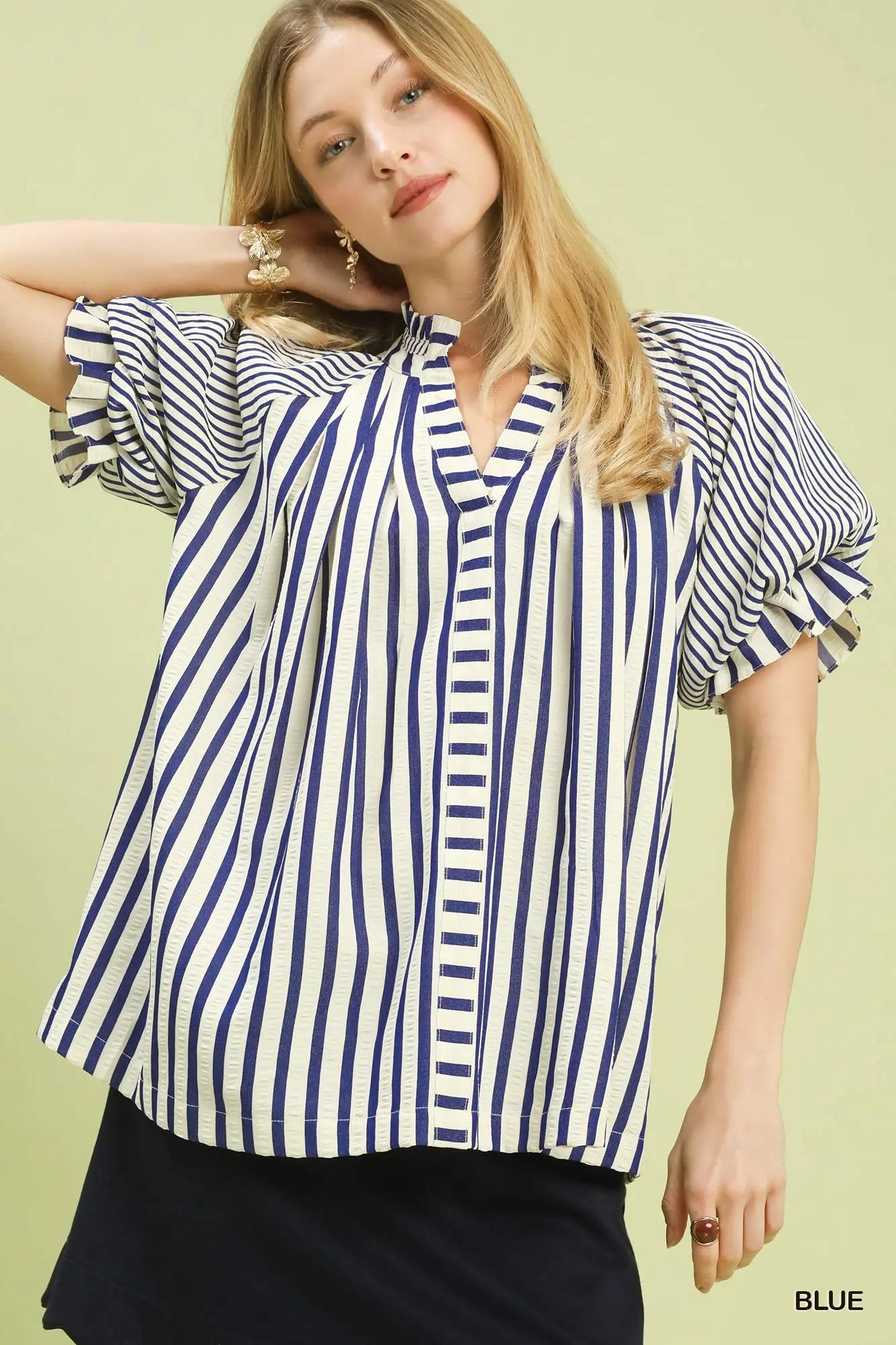 Seaside Stripe Ruffle Sleeve Top-Blouse-Umgee-Stuffology - Where Vintage Meets Modern, A Boutique for Real Women in Crosbyton, TX