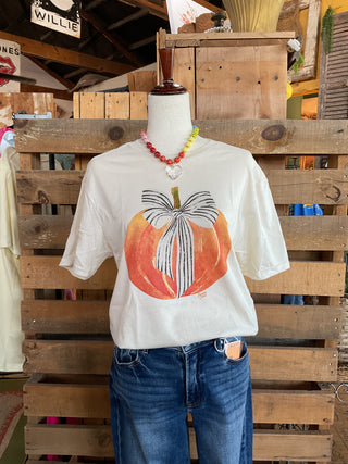 Bow-Tied Pumpkin Graphic Tee-Graphic Tees-Branded Cotton-Stuffology - Where Vintage Meets Modern, A Boutique for Real Women in Crosbyton, TX