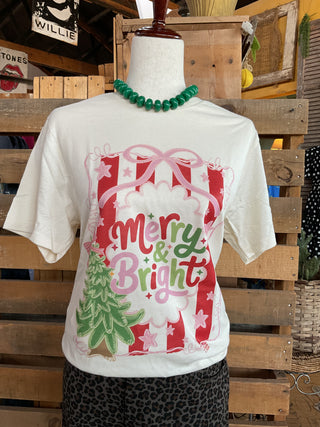 Merry & Bright Christmas Graphic Tee-Graphic Tees-Branded Cotton-Stuffology - Where Vintage Meets Modern, A Boutique for Real Women in Crosbyton, TX