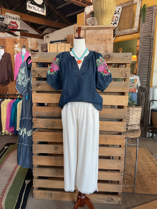 Denim Embroidered Puff Sleeve Boho Top-Blouse-Umgee-Stuffology - Where Vintage Meets Modern, A Boutique for Real Women in Crosbyton, TX