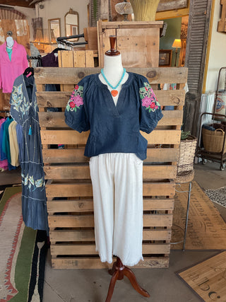 Denim Embroidered Puff Sleeve Boho Top-Blouse-Umgee-Stuffology - Where Vintage Meets Modern, A Boutique for Real Women in Crosbyton, TX