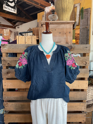 Denim Embroidered Puff Sleeve Boho Top-Blouse-Umgee-Stuffology - Where Vintage Meets Modern, A Boutique for Real Women in Crosbyton, TX
