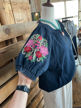 Denim Embroidered Puff Sleeve Boho Top-Blouse-Umgee-Stuffology - Where Vintage Meets Modern, A Boutique for Real Women in Crosbyton, TX