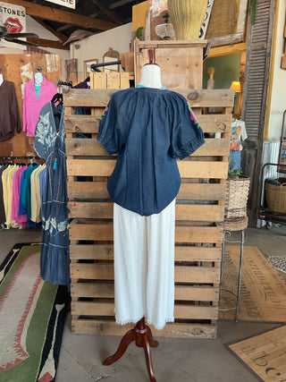 Denim Embroidered Puff Sleeve Boho Top-Blouse-Umgee-Stuffology - Where Vintage Meets Modern, A Boutique for Real Women in Crosbyton, TX