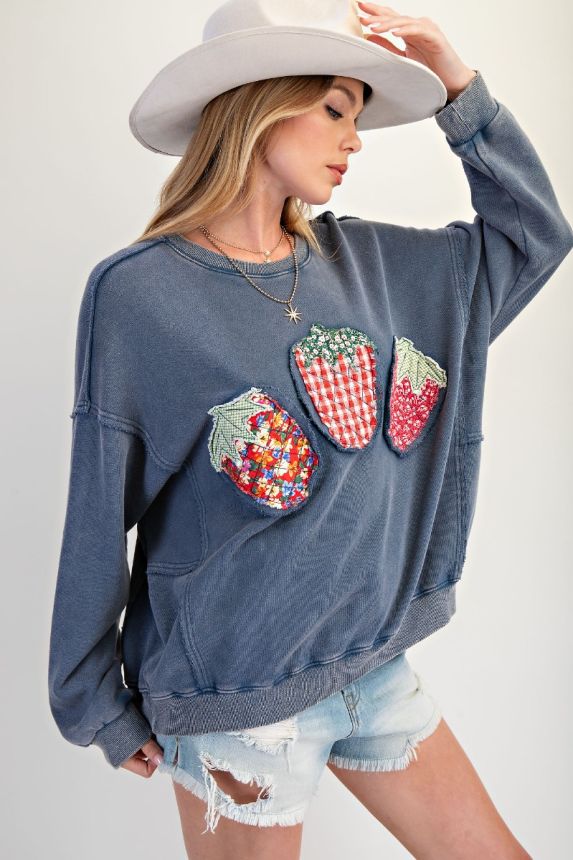 Strawberry Patch Washed Terry Pullover-Pullover Top-Easel-Stuffology - Where Vintage Meets Modern, A Boutique for Real Women in Crosbyton, TX
