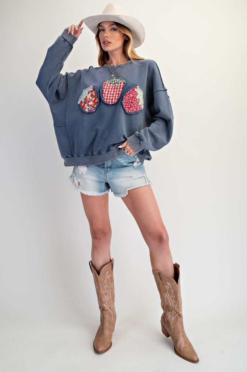 Strawberry Patch Washed Terry Pullover-Pullover Top-Easel-Stuffology - Where Vintage Meets Modern, A Boutique for Real Women in Crosbyton, TX