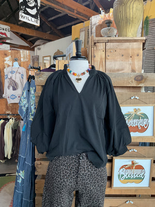 Split V-Neck Top with Balloon Sleeves-Blouse-Umgee-Stuffology - Where Vintage Meets Modern, A Boutique for Real Women in Crosbyton, TX