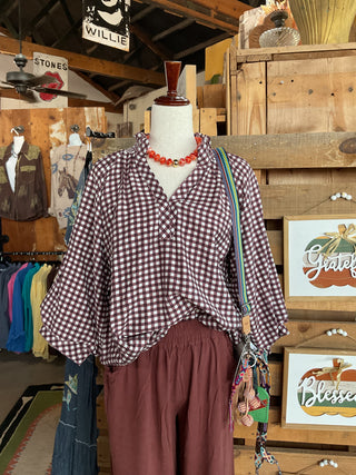 Red Brown Gingham Puff Sleeve Top-TOP-Umgee-Stuffology - Where Vintage Meets Modern, A Boutique for Real Women in Crosbyton, TX