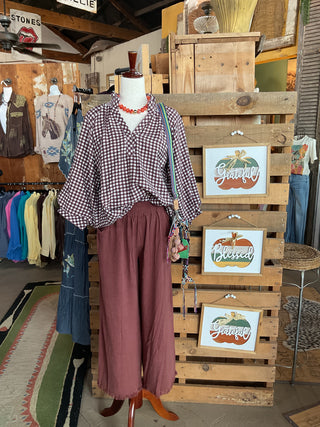 Red Brown Gingham Puff Sleeve Top-TOP-Umgee-Stuffology - Where Vintage Meets Modern, A Boutique for Real Women in Crosbyton, TX