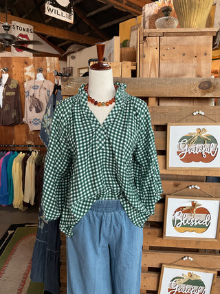 Hunter Green Gingham Puff Sleeve Top-TOP-Umgee-Stuffology - Where Vintage Meets Modern, A Boutique for Real Women in Crosbyton, TX